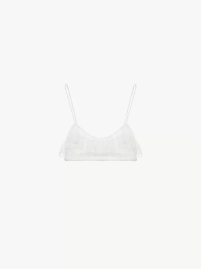Biustonosz typu bralette z cienkimi ramiączkami i falbanką, wykonany z haftowanej koronki Biustonosz typu bralette z cienkimi ramiączkami i falbanką, wykonany z haftowanej koronki
