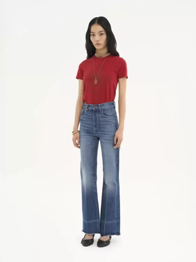 Jeansy z wysokim stanem i rozszerzanymi nogawkami typu bootcut z denimu