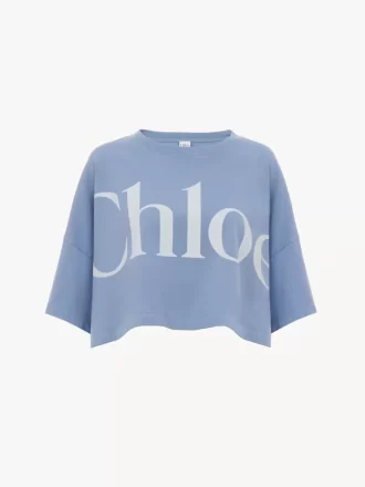 Krótki T-shirt z logo w kształcie pudełka, wykonany z bawełnianej dzianiny Krótki T-shirt z logo w kształcie pudełka, wykonany z bawełnianej dzianiny