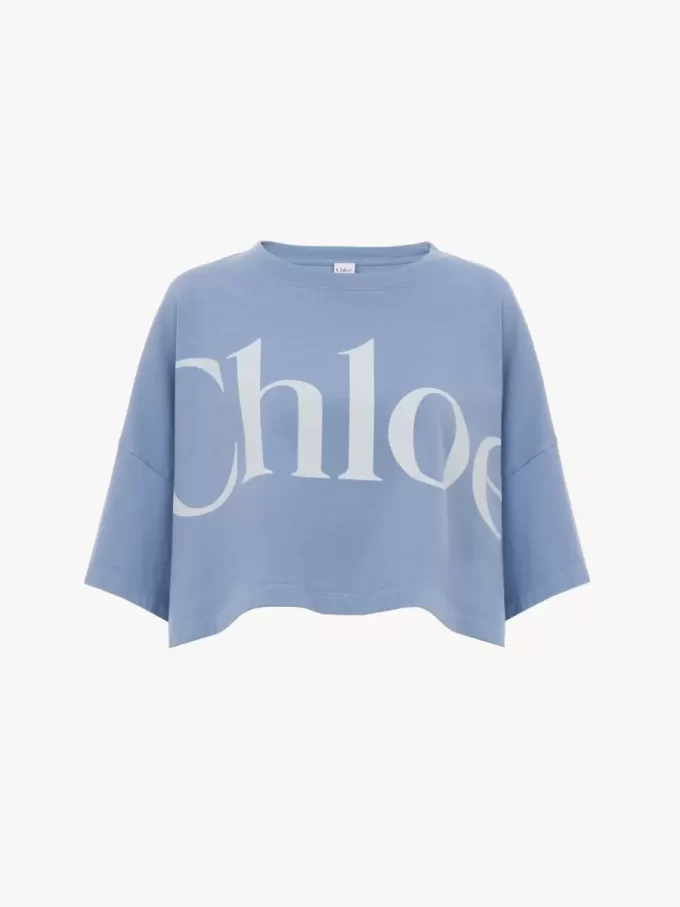 Krótki T-shirt z logo w kształcie pudełka, wykonany z bawełnianej dzianiny Krótki T-shirt z logo w kształcie pudełka, wykonany z bawełnianej dzianiny