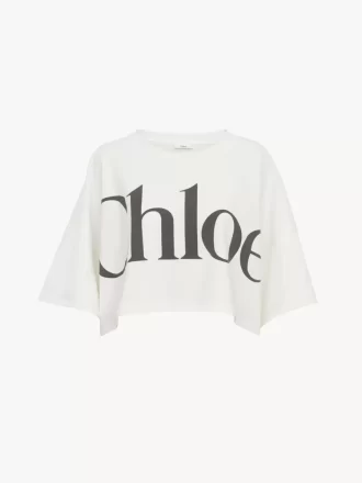 Krótki T-shirt z logo w kształcie pudełka, wykonany z bawełnianej dzianiny Krótki T-shirt z logo w kształcie pudełka, wykonany z bawełnianej dzianiny