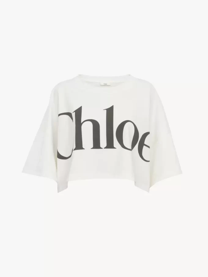Krótki T-shirt z logo w kształcie pudełka, wykonany z bawełnianej dzianiny Krótki T-shirt z logo w kształcie pudełka, wykonany z bawełnianej dzianiny