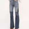 Rozszerzane jeansy z łatkami z denimu Rozszerzane jeansy z łatkami z denimu