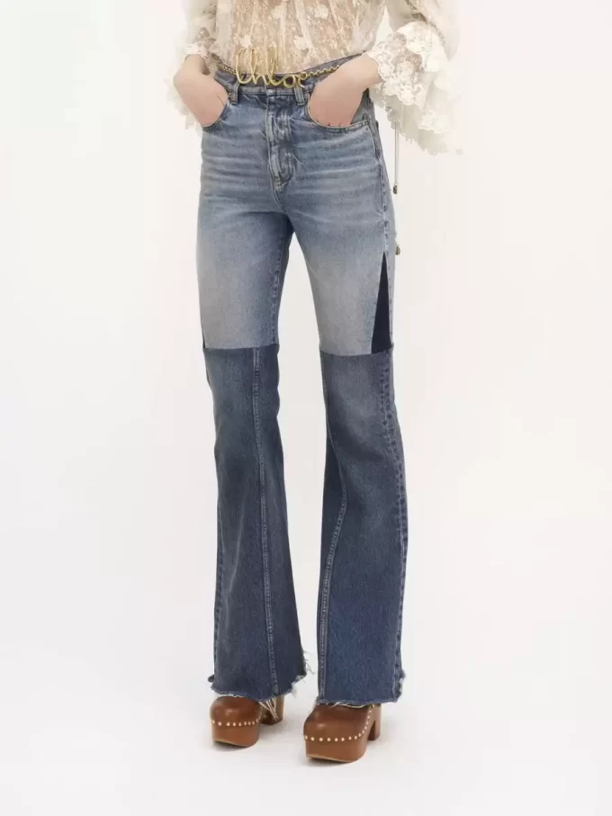 Rozszerzane jeansy z łatkami z denimu Rozszerzane jeansy z łatkami z denimu