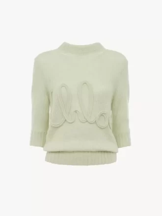 Sweter z logo i rękawami do łokcia, wykonany z dzianiny z wełny alpaki i jedwabiu Sweter z logo i rękawami do łokcia, wykonany z dzianiny z wełny alpaki i jedwabiu