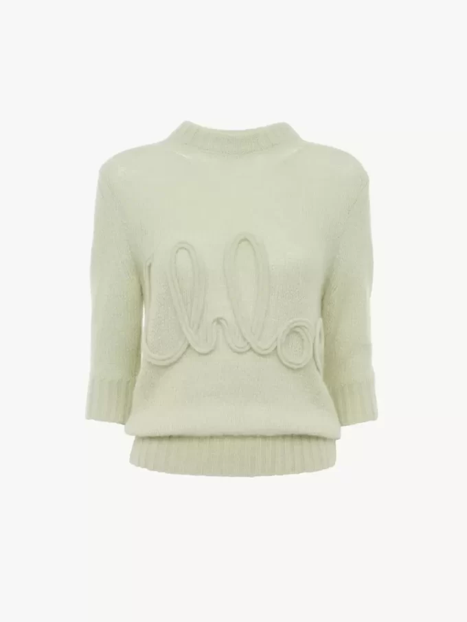 Sweter z logo i rękawami do łokcia, wykonany z dzianiny z wełny alpaki i jedwabiu Sweter z logo i rękawami do łokcia, wykonany z dzianiny z wełny alpaki i jedwabiu