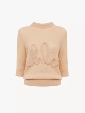 Sweter z logo i rękawami do łokcia, wykonany z dzianiny z wełny alpaki i jedwabiu Sweter z logo i rękawami do łokcia, wykonany z dzianiny z wełny alpaki i jedwabiu