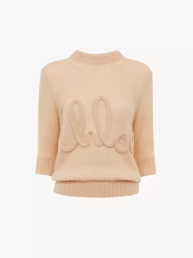 Sweter z logo i rękawami do łokcia, wykonany z dzianiny z wełny alpaki i jedwabiu Sweter z logo i rękawami do łokcia, wykonany z dzianiny z wełny alpaki i jedwabiu