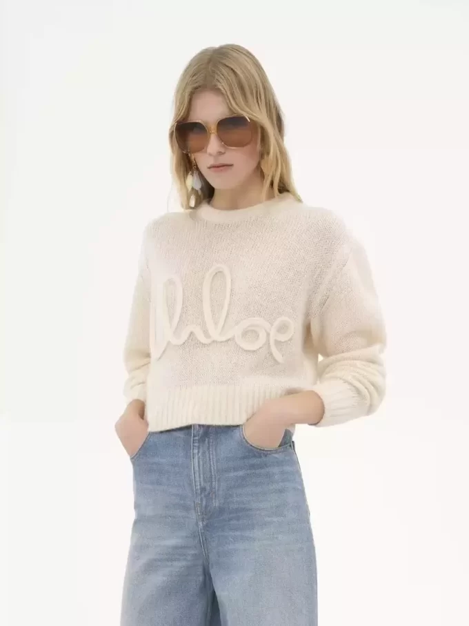 Sweter z logo z dzianiny z wełny alpaki i jedwabiu Sweter z logo z dzianiny z wełny alpaki i jedwabiu