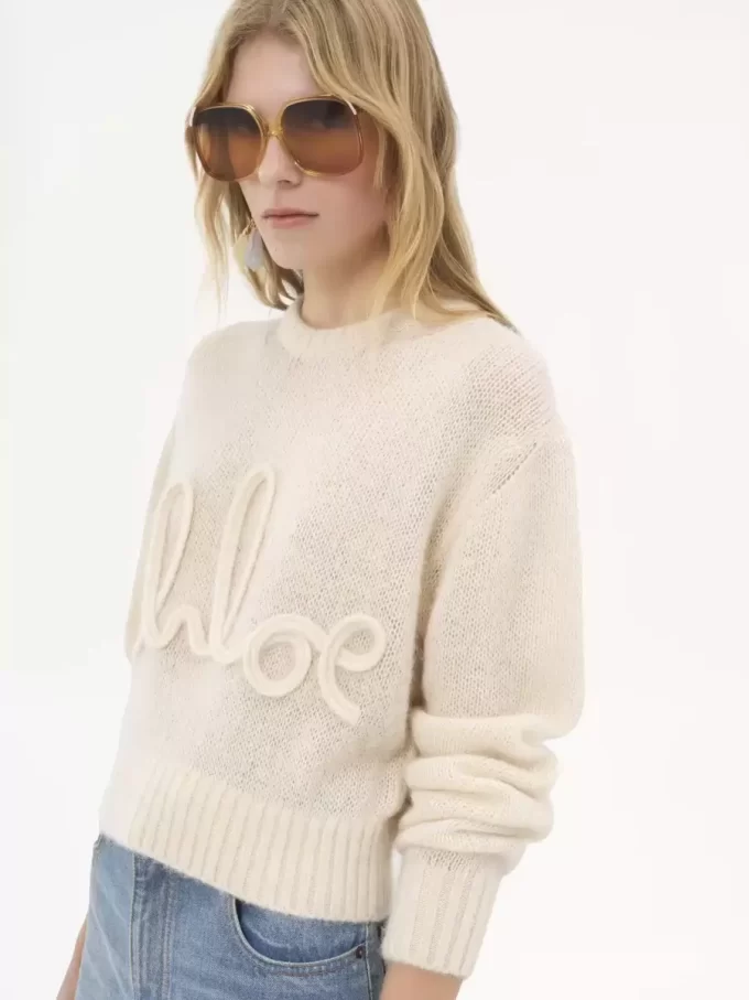 Sweter z logo z dzianiny z wełny alpaki i jedwabiu Sweter z logo z dzianiny z wełny alpaki i jedwabiu
